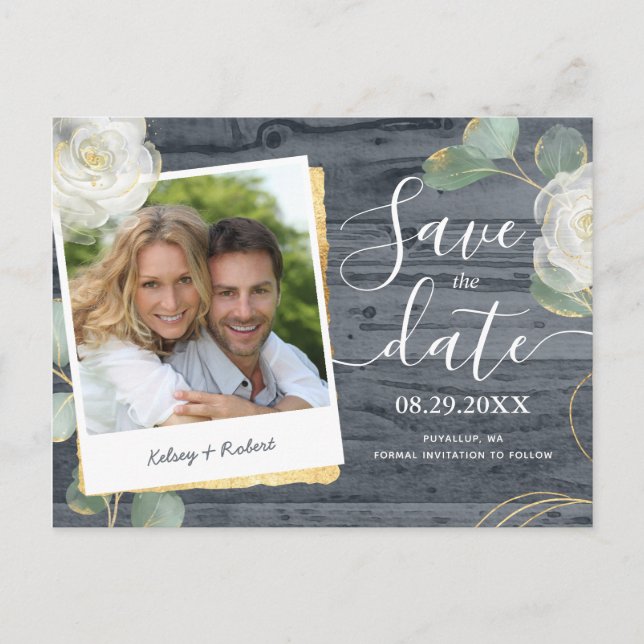 Roses Greenery Photo Rustic Wedding Save the Date Announcement Postcard (Front)