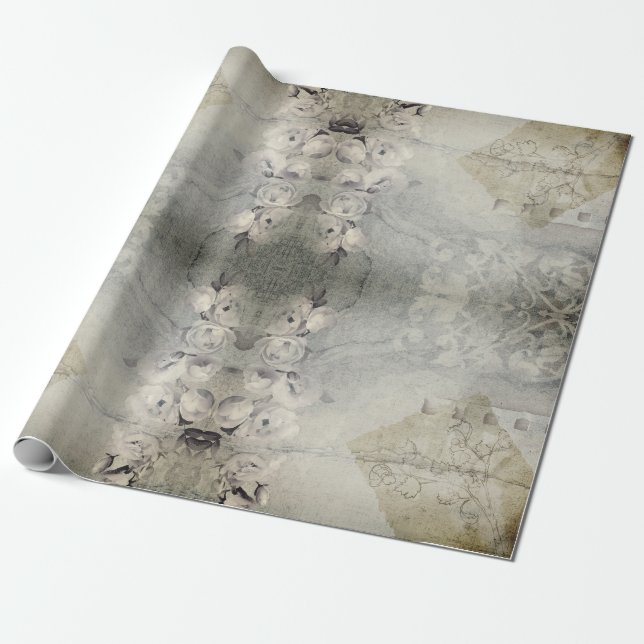 Roses Grunge Grey Gothic Wrapping Paper (Unrolled)