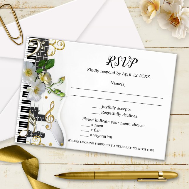 Roses Guitar Music Themed Wedding RSVP Card (Wedding RSVP card featuring a music theme with guitar, keyboard and gold stylized musical notes )