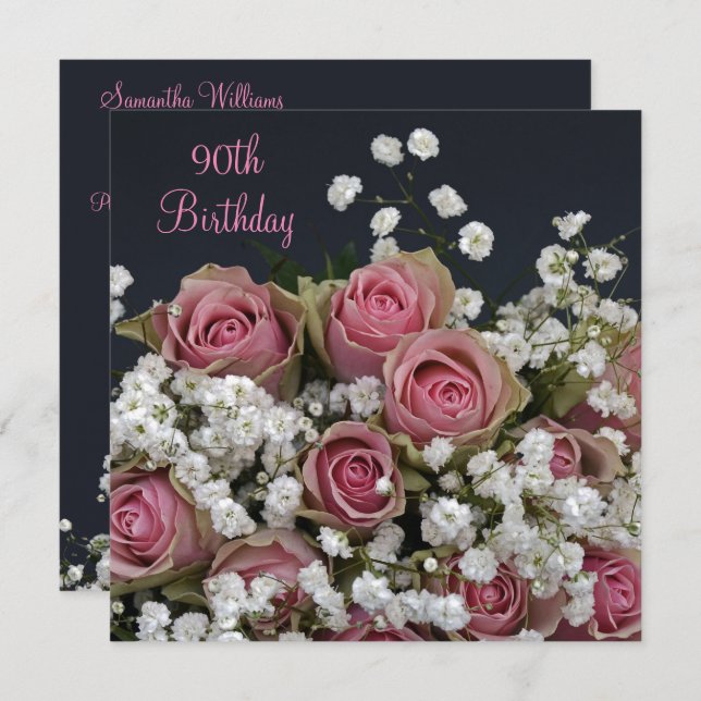 Roses & Gypsophila Bouquet 90th Birthday Invitation (Front/Back)