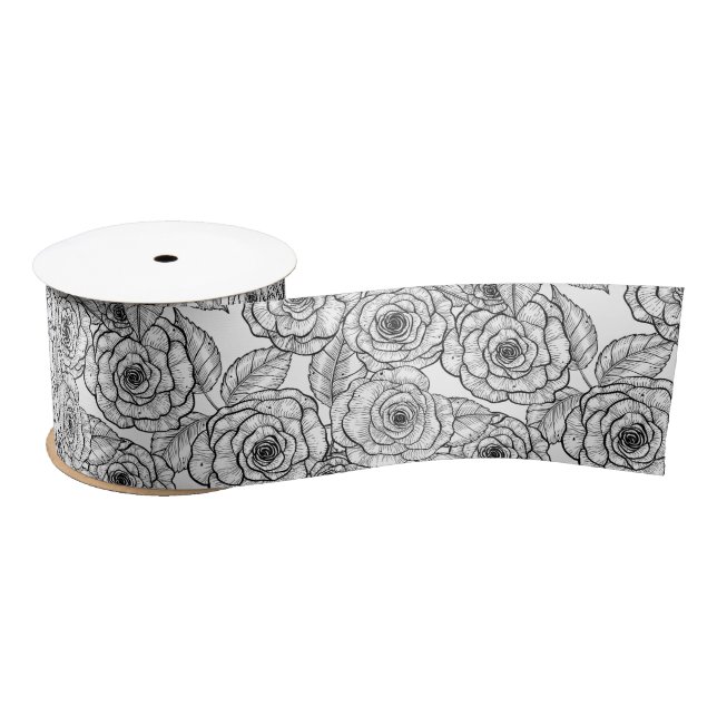 Roses hand drawn pattern satin ribbon (Spool)