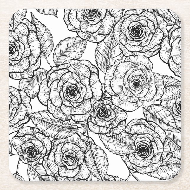 Roses hand drawn pattern square paper coaster (Front)