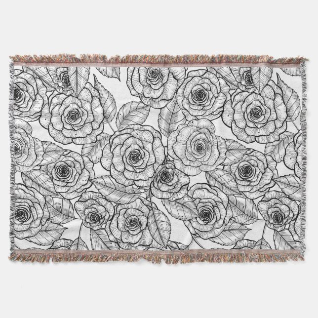 Roses hand drawn pattern throw blanket (Front)
