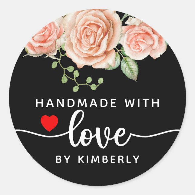 Roses Handmade with Love Black Classic Round Sticker (Front)