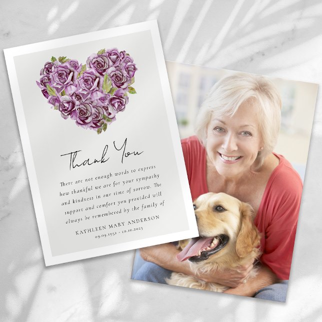 Roses Heart Floral Photo Sympathy Funeral Thank You Card (Creator Uploaded)