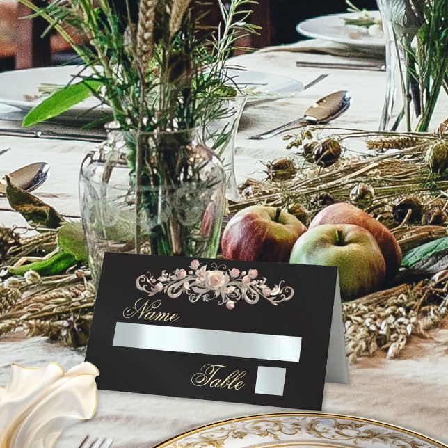 Roses & Heart Monogram - Black Place Card (Creator Uploaded)