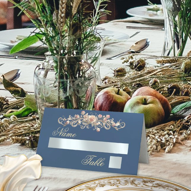 Roses & Heart Monogram - Blue Place Card (Creator Uploaded)