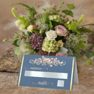 Roses & Heart Monogram - Blue Place Card