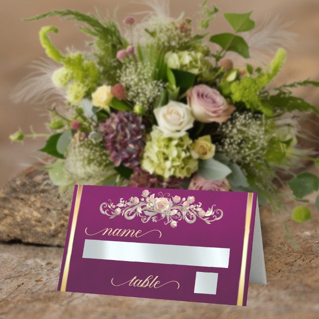 Roses & Heart Monogram - Plum Place Card (Creator Uploaded)