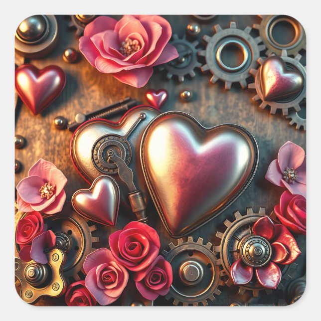 Roses, Hearts and Metal Gears Steampunk Square Sticker (Front)