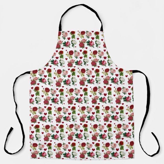 Roses Hearts Floral Valentines Day Kitchen Apron (Front)
