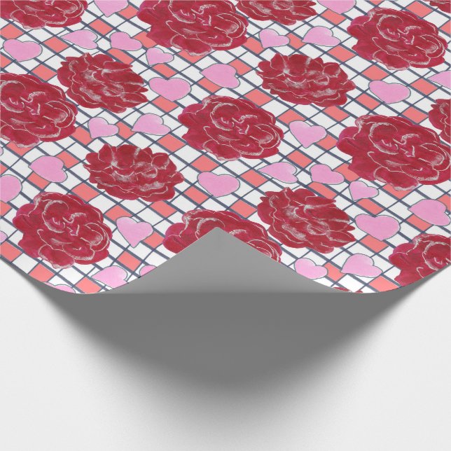 Roses, Hearts on Plaid Pattern Wrapping Paper (Corner)