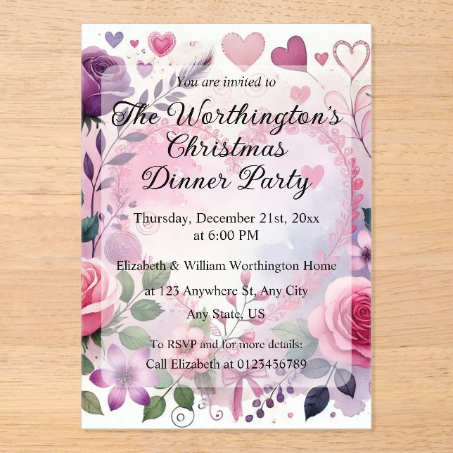 Roses hearts Valentine floral pastel watercolor Acrylic Invitations (Front)
