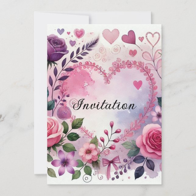 Roses hearts Valentine floral pastel watercolor Invitation (Front)