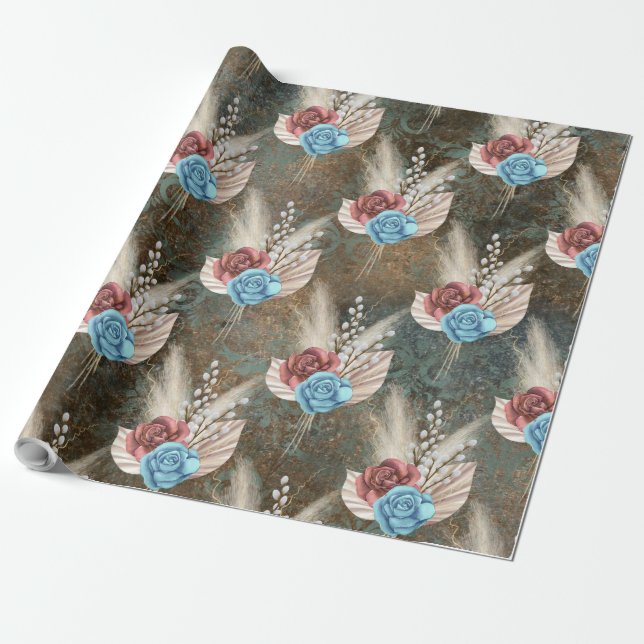 Roses in a Fleur De Lis Background Wrapping Paper (Unrolled)