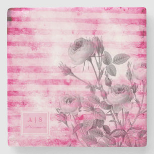 Roses in Hot Pink Background   Floral Monogram Stone Coaster