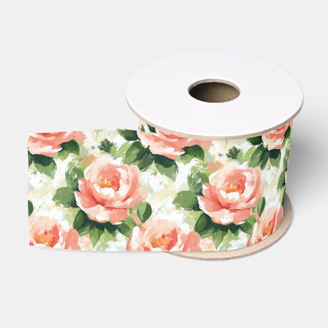 Roses in Peach Pink Pattern Grosgrain Ribbon (Spool)