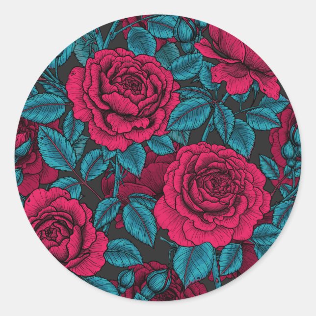 Roses in red and blue classic round sticker (Front)