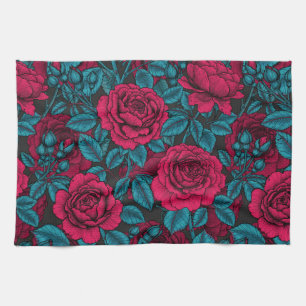 Roses in red and blue tea towel
