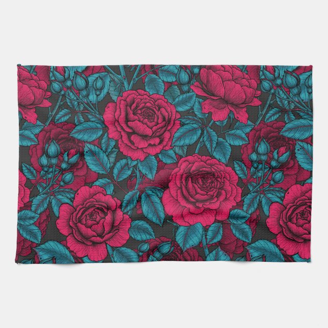 Roses in red and blue tea towel (Horizontal)