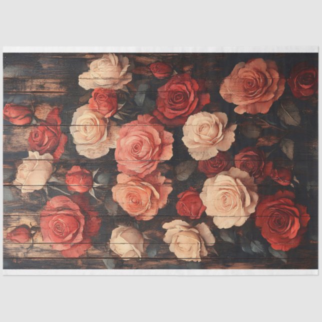 Roses in Red and Pink Painted on Wood Decoupage Tissue Paper (Front)