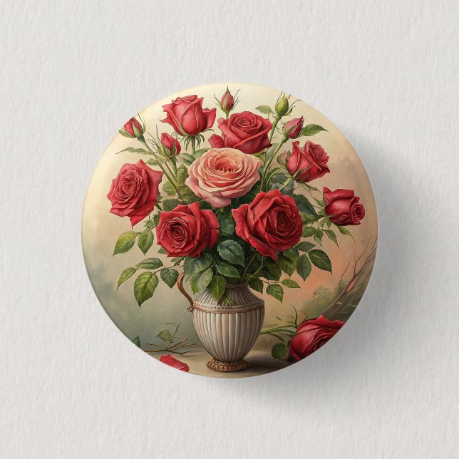 Roses in vase 3 cm round badge (Front)