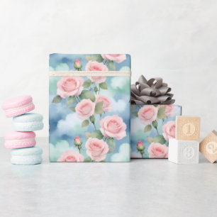 Roses In Watercolor Hues Of Light Pink And Green Wrapping Paper