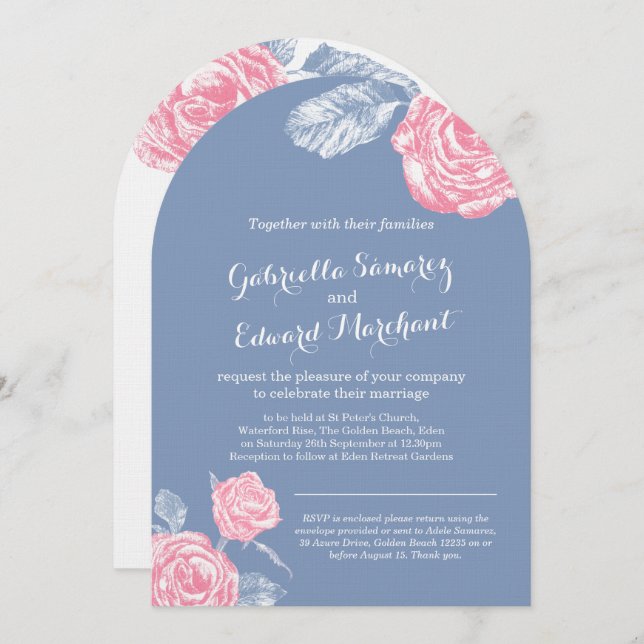 Roses ink sketch blue pink wedding  invitation (Front/Back)