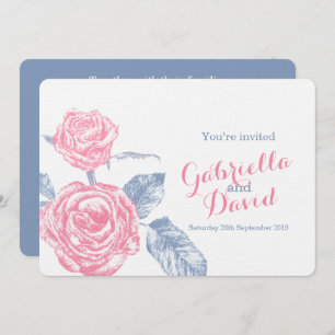 Roses ink sketch blue pink wedding invite