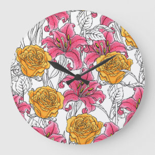 Roses Lilies Hand Drawn Pattern Large Clock