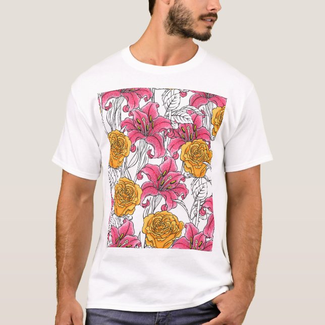 Roses Lilies Hand Drawn Pattern T-Shirt (Front)