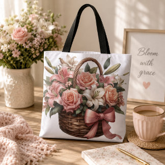 Roses lilies in a basket Tote Bag