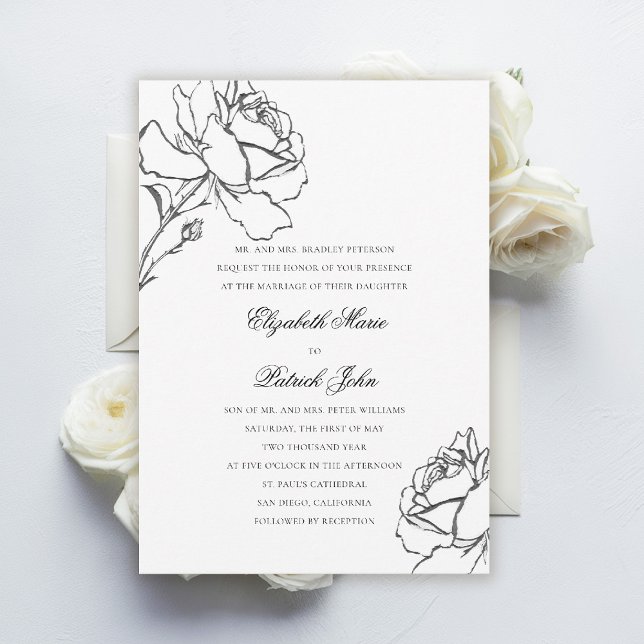 Roses Modern Classic Formal Parents Host Wedding Invitation (black and white wedding invitation roses floral formal traditional modern classic parents host)