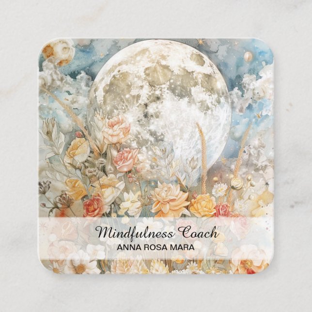 *~* Roses Moon Flowers QR Floral AP70 Ethereal  Square Business Card (Front)