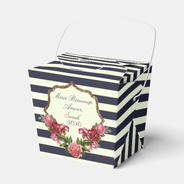 Roses Navy Blue Stripes and Gold Favour Boxes (Front Side)