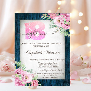 Roses Navy Blue Wood 18th Birthday Invitation