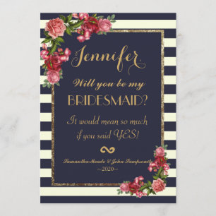 Roses Navy Stripes and Gold Bridesmaids Invitation