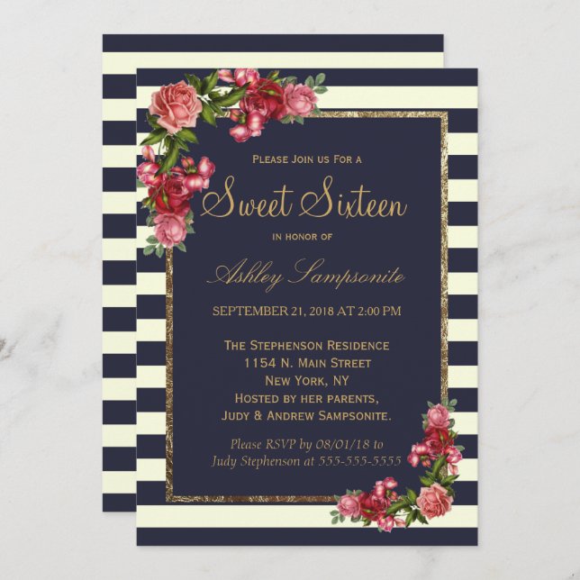 Roses Navy Stripes and Gold Sweet 16 Invitations (Front/Back)