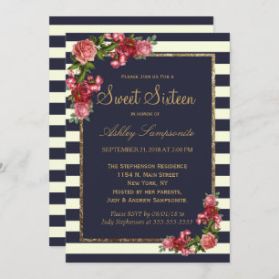 Roses Navy Stripes and Gold Sweet 16 Invitations