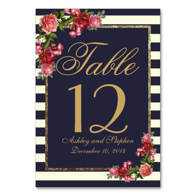 Roses Navy Stripes and Gold Table Numbers (Front)