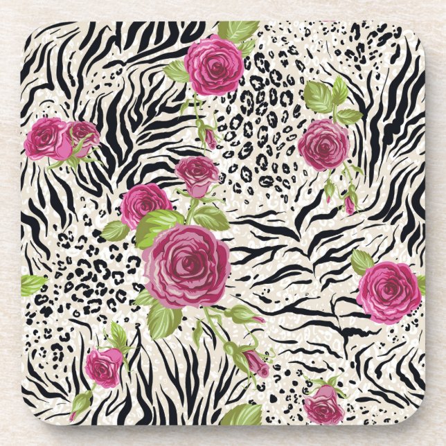 Roses On Animal Pattern Coaster (Front)