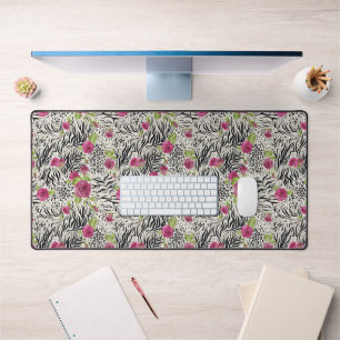 Roses On Animal Pattern Desk Mat