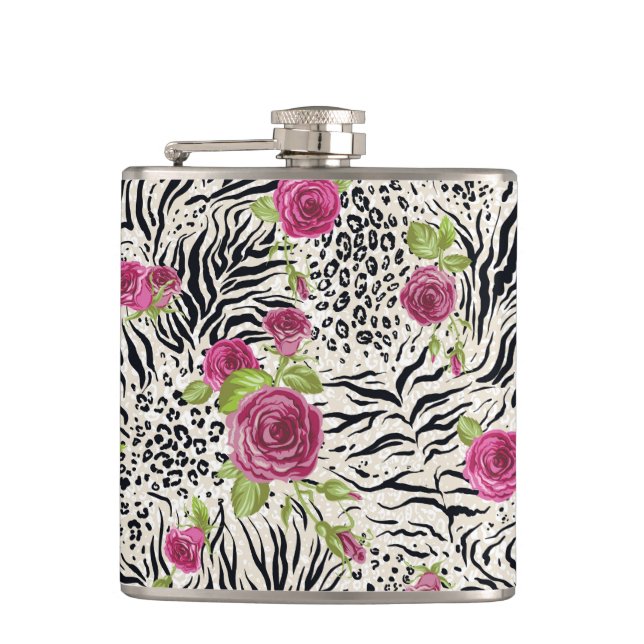 Roses On Animal Pattern Hip Flask (Front)