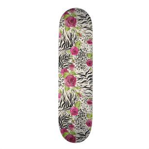 Roses On Animal Pattern Skateboard