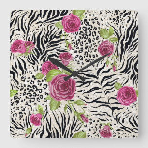 Roses On Animal Pattern Square Wall Clock