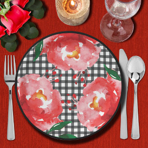 Roses on Black and White Gingham Paper Plate