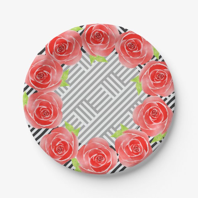Roses on Black and White Stripes Paper Plate (Front)