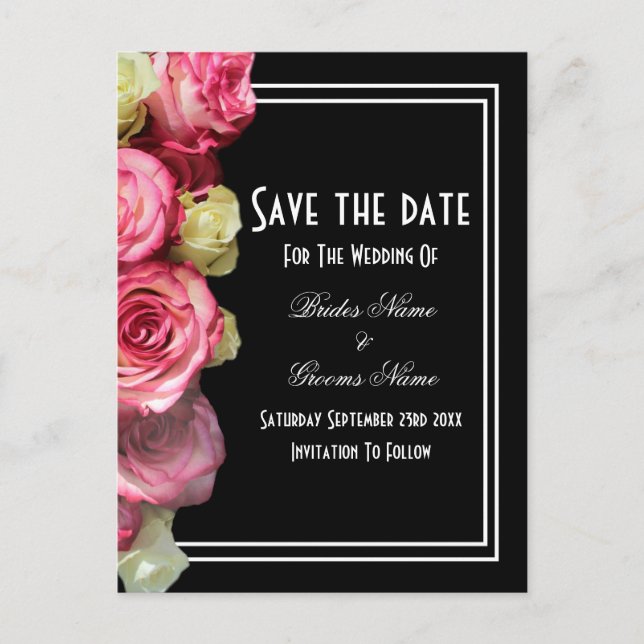 Roses on black wedding save the date announcement postcard (Front)