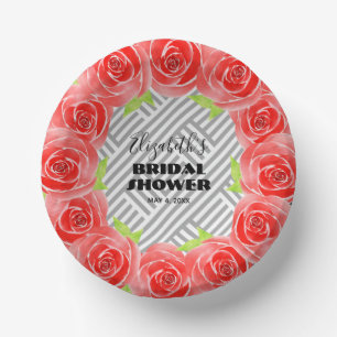 Roses on Black White Stripes Bridal Shower Paper Plate