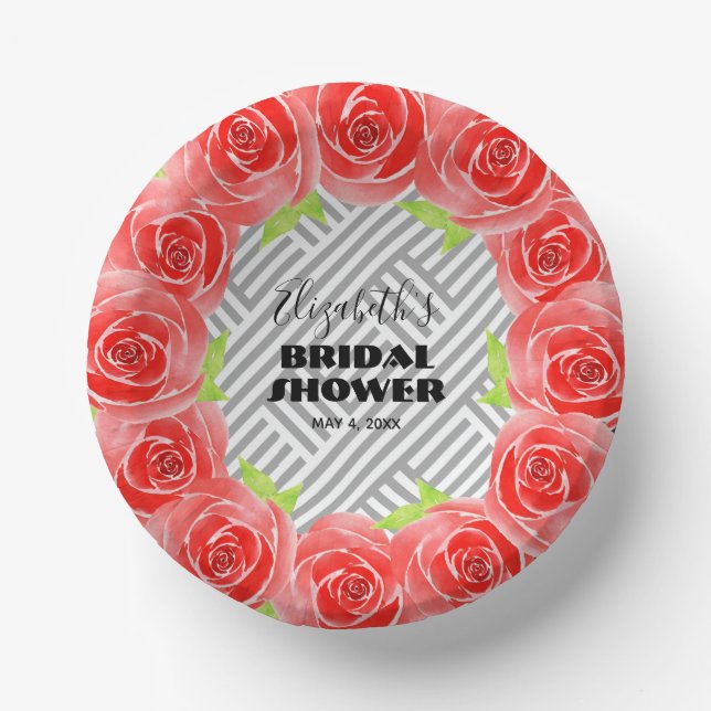 Roses on Black White Stripes Bridal Shower Paper Plate (Front)